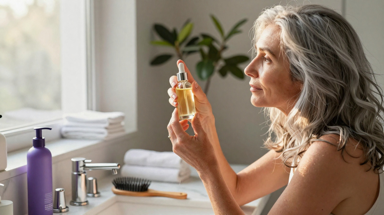 Mulher com cabelo grisalho segurando frasco de óleo facial em casa de banho iluminada pela luz natural.