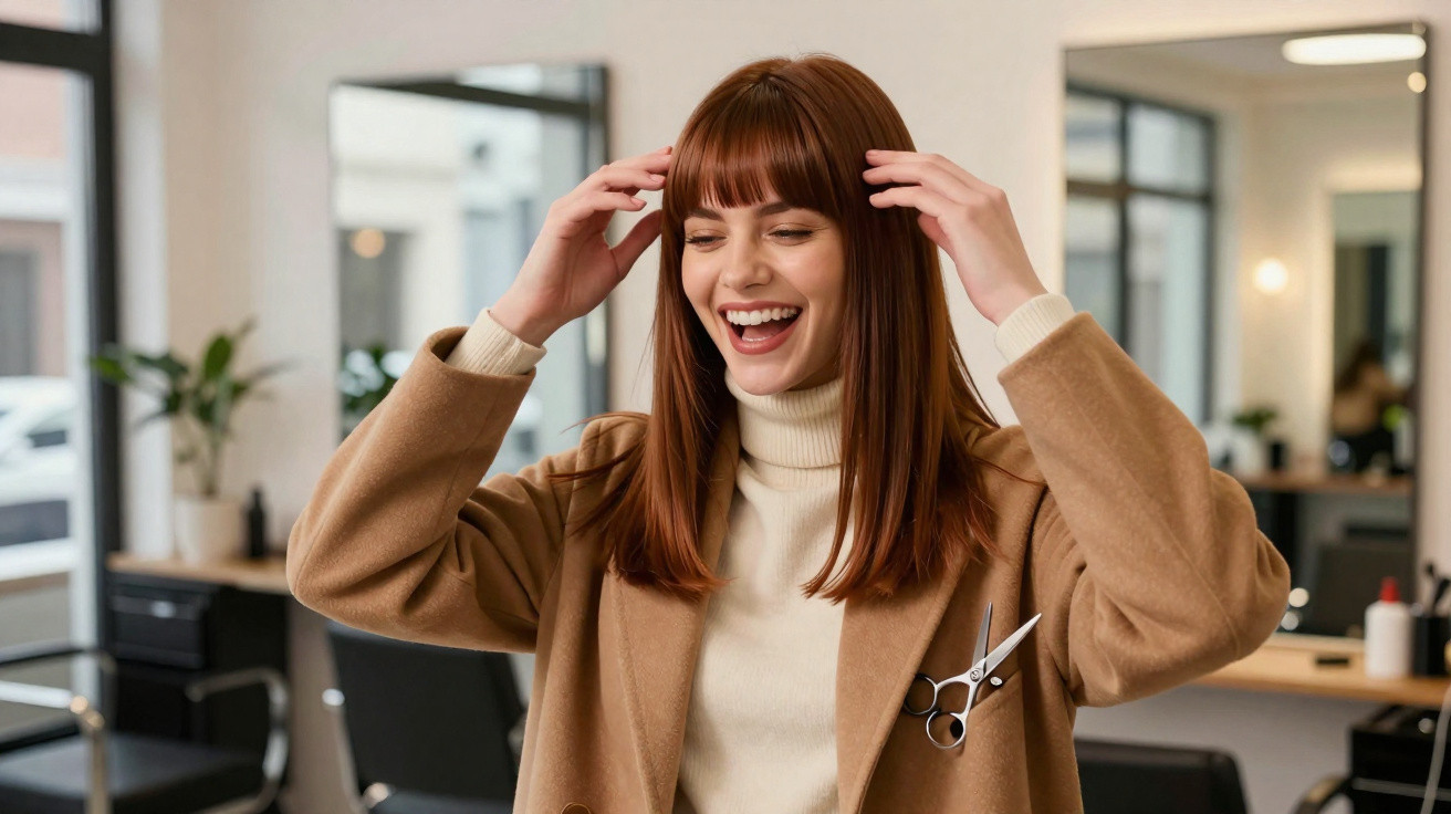 Mulher sorridente com casaco bege e cabelo liso ruivo num salão de cabeleireiro.