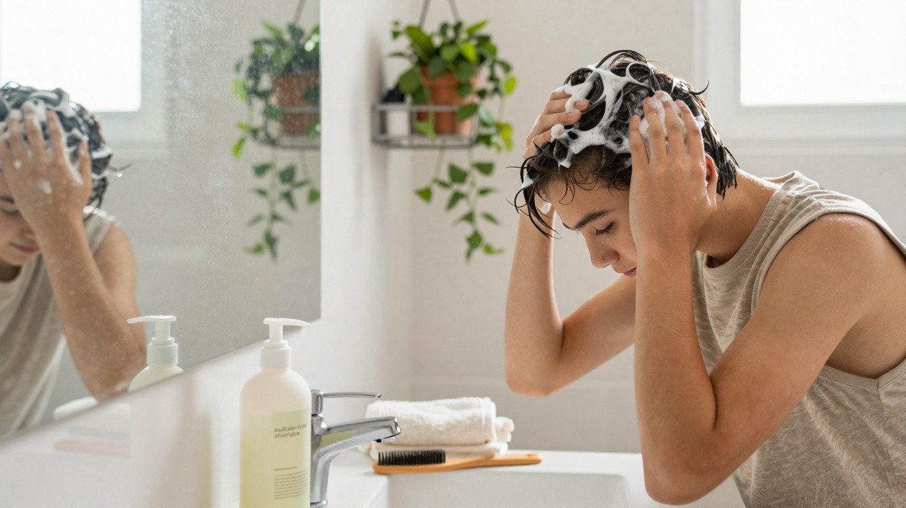 Pessoa jovem a lavar o cabelo com espuma num lavatório de casa de banho com plantas ao fundo.