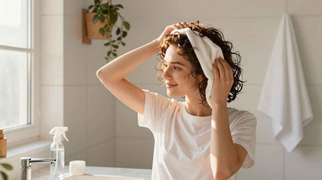 Mulher em camiseta branca a secar o cabelo com uma toalha num banheiro iluminado pela luz natural.
