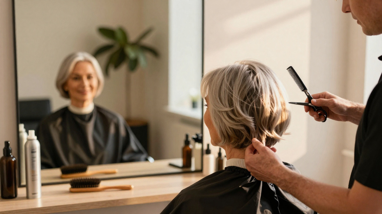 Mulher idosa com cabelo curto a ser penteada por cabeleireiro num salão de beleza iluminado.