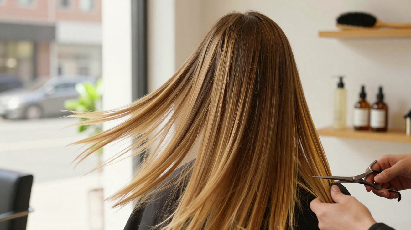 Pessoa com cabelo loiro a ser cortado num salão de cabeleireiro, visto de costas.