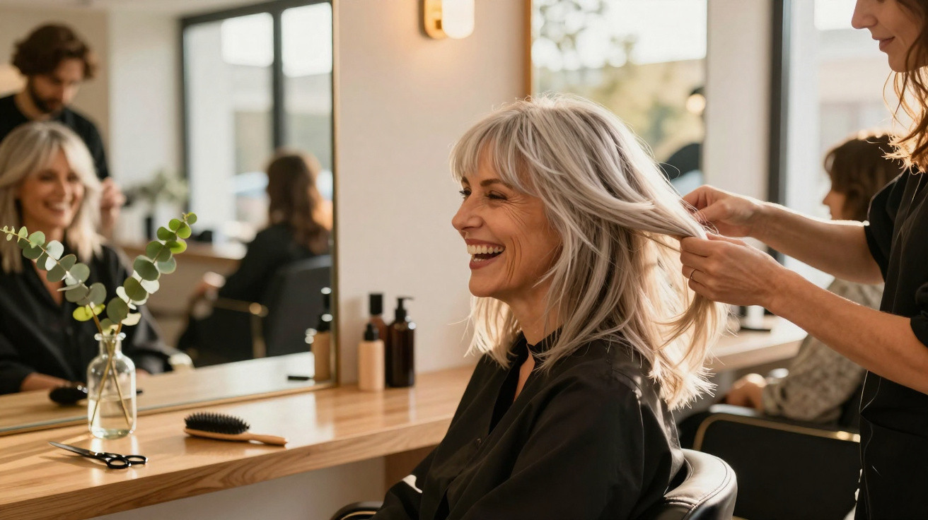 Mulher sorridente a receber penteado num salão de cabeleireiro moderno com luz natural.