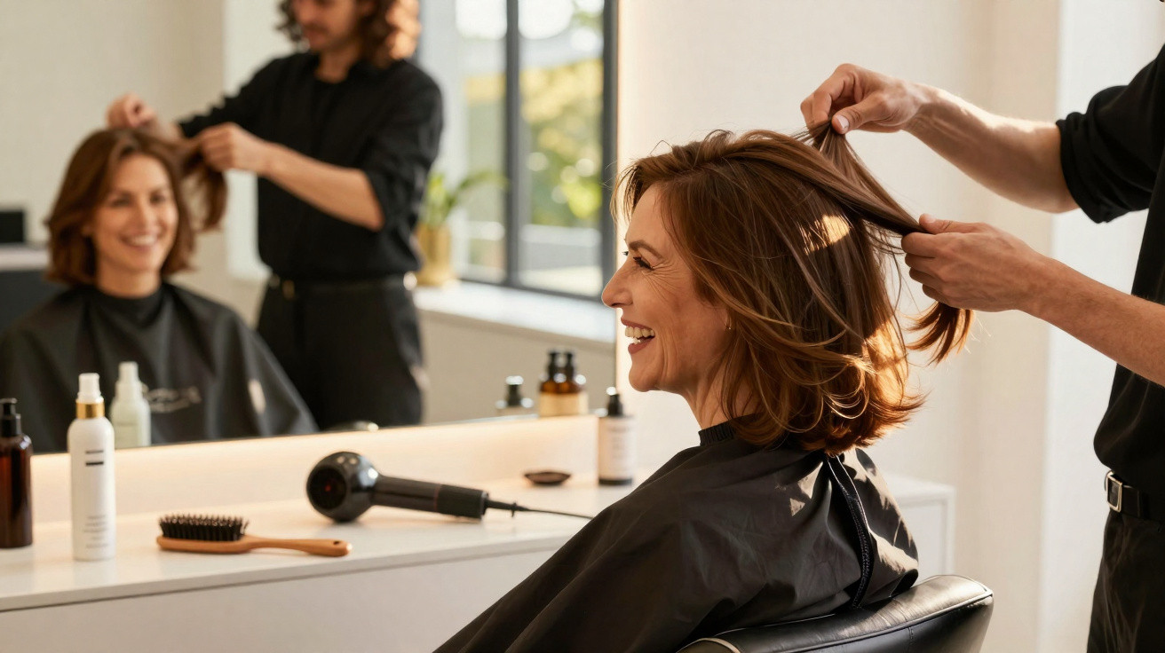 Mulher sorridente a fazer penteado num cabeleireiro moderno com luz natural e produtos no balcão.