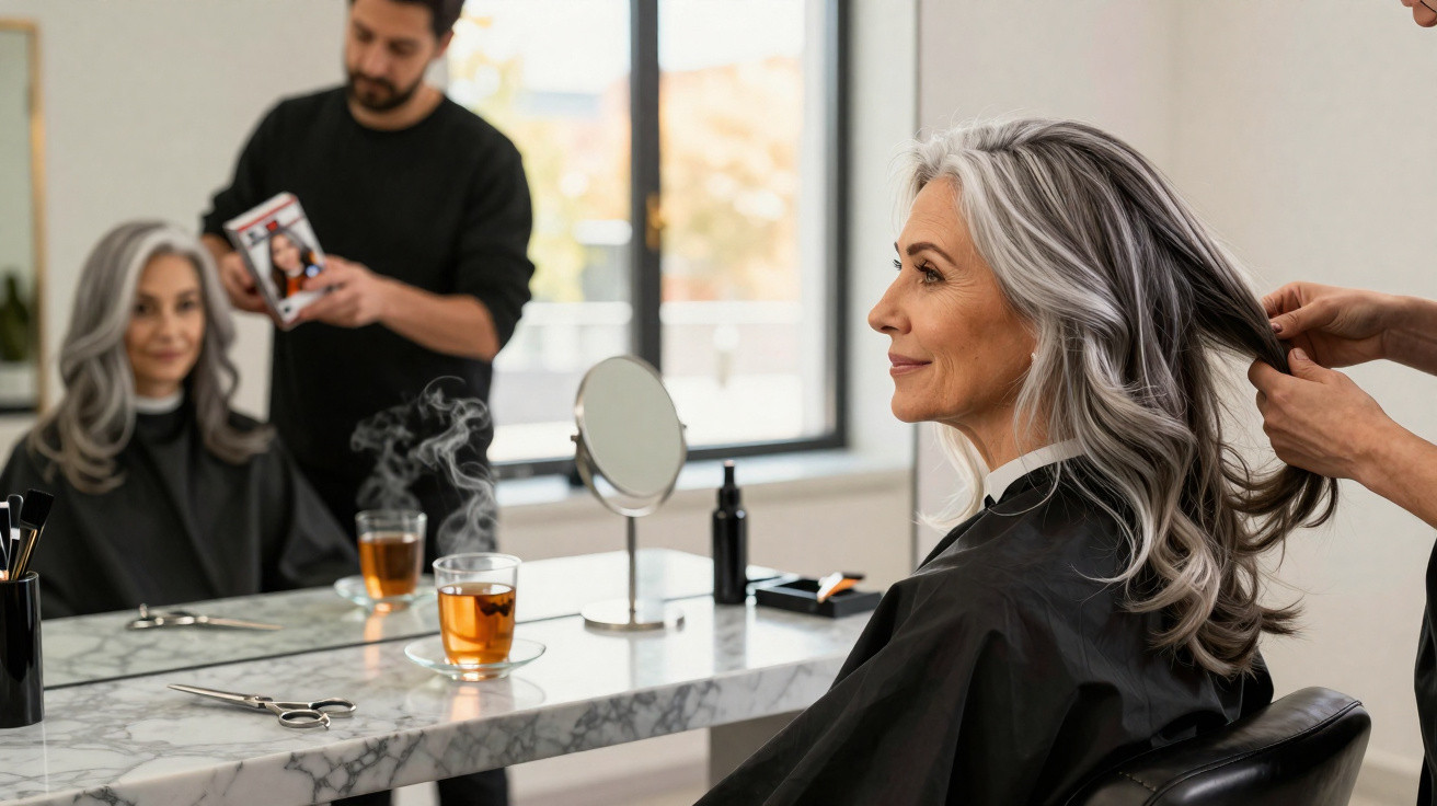 Mulher idosa com cabelo grisalho sendo penteada num salão de beleza com chá ao lado.