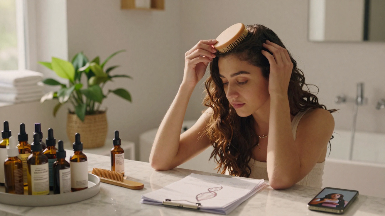 Mulher penteia o cabelo sentado numa mesa com frascos de óleo, desenhos de DNA e telemóvel ao lado.