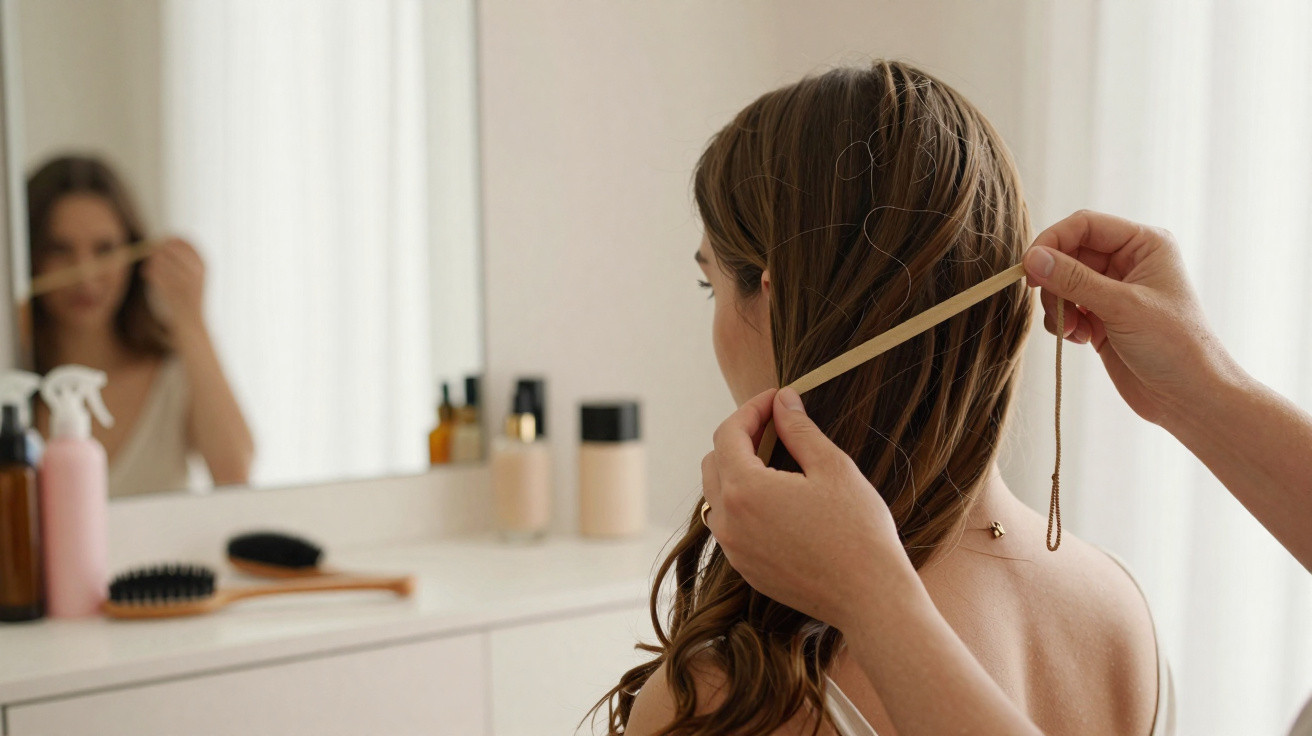 Pessoa a apanhando o cabelo com fita para penteado à frente de espelho em casa.