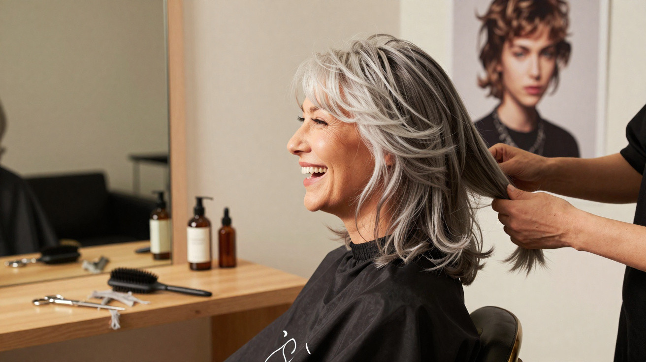 Mulher sorridente com cabelo grisalho sendo tratada num cabeleireiro, ambiente iluminado e acolhedor.