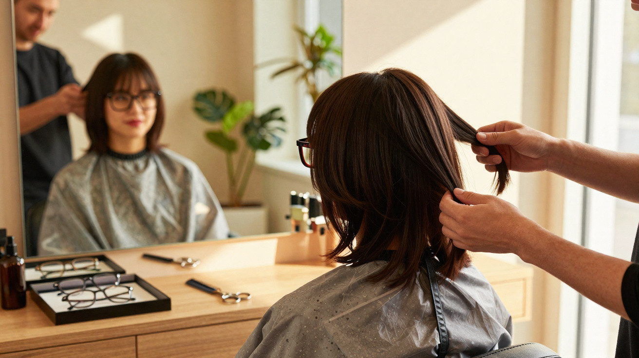 Mulher com cabelo castanho e óculos no salão de cabeleireiro, penteado por profissional diante do espelho.