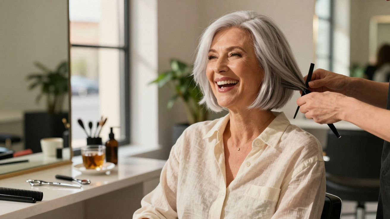 Mulher sénior sorridente a cortar cabelo num salão de cabeleireiro iluminado e moderno.