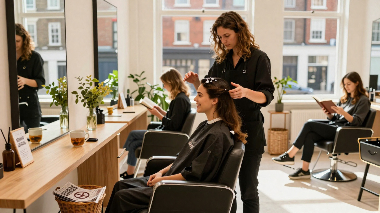 Cliente sorridente em cabeleireiro enquanto profissional penteia o cabelo com outras clientes a lerem ao fundo.