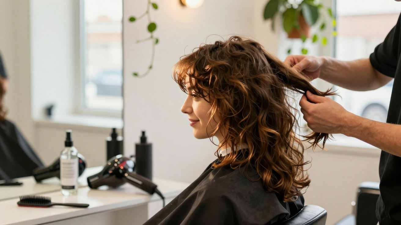 Mulher com cabelo ondulado a ser penteada por profissional num salão de cabeleireiro.