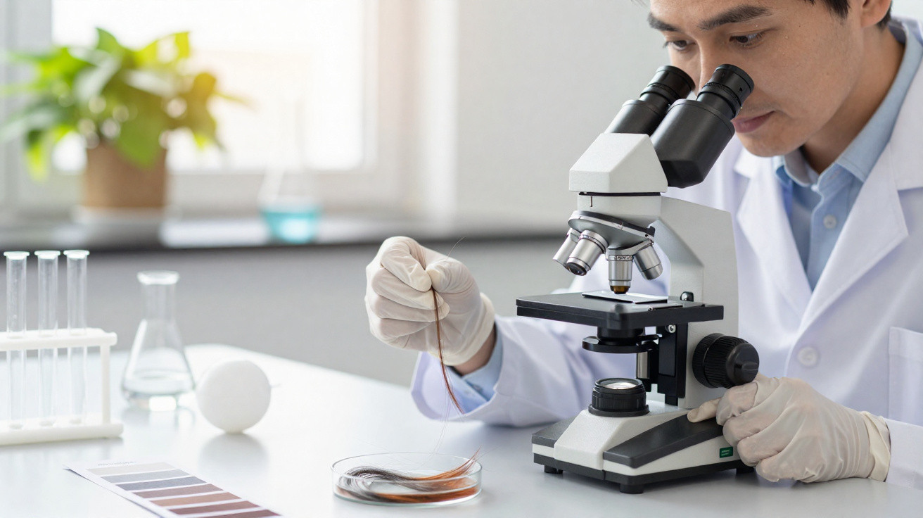 Cientista de laboratório a observar amostra de cabelo numa lâmina, com microscópio e tubos de ensaio na mesa.