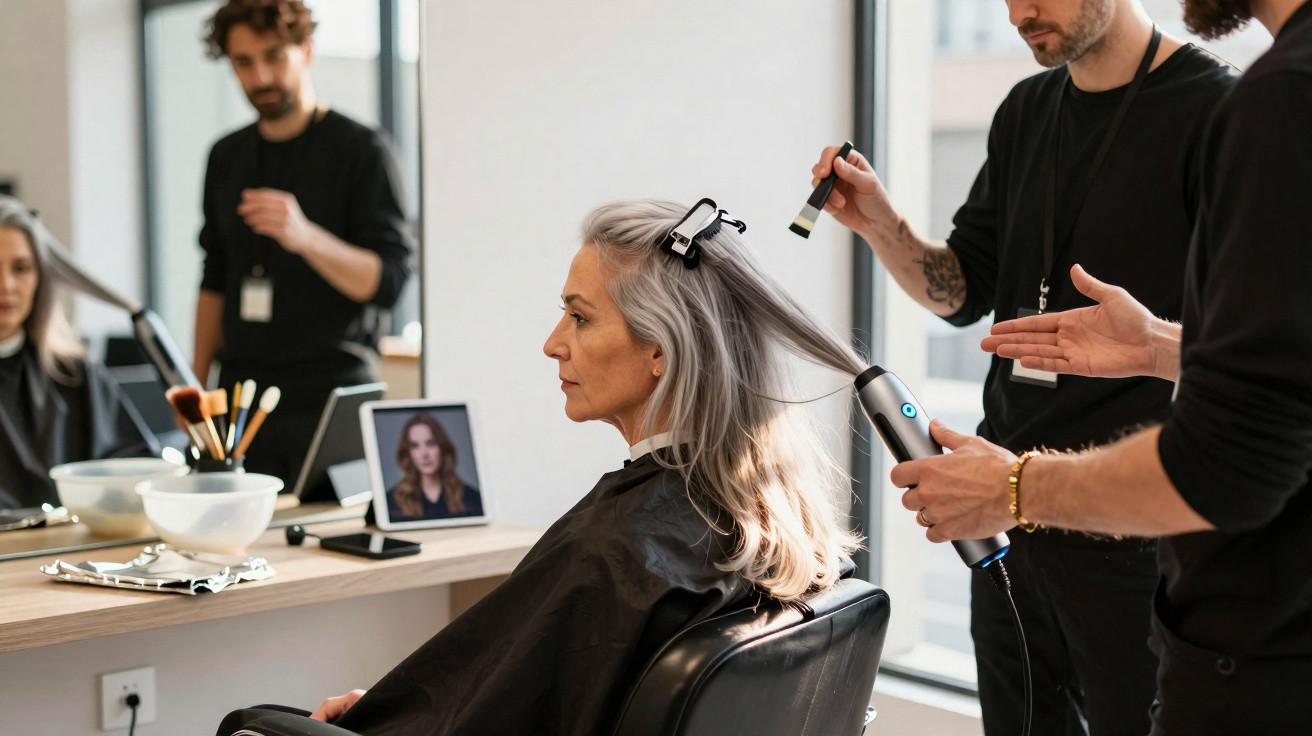 Mulher com cabelo grisalho a ser penteada por cabeleireiros num salão moderno.