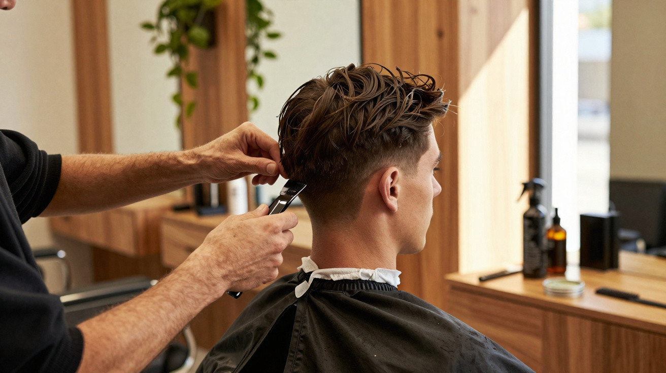 Barbeiro a cortar cabelo curto em homem jovem numa barbearia com decoração em madeira.