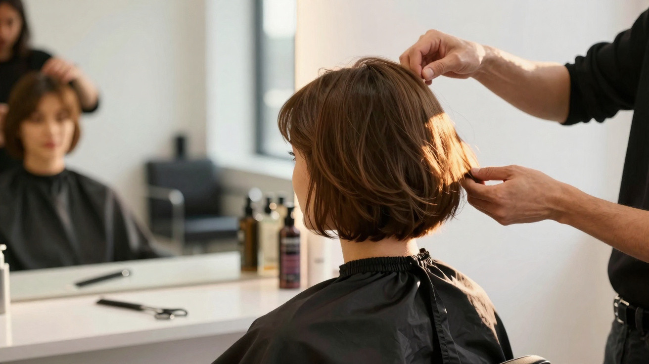 Pessoa com capa de cabeleireiro, a receber tratamento de cabelo por um profissional, num salão moderno e iluminado.