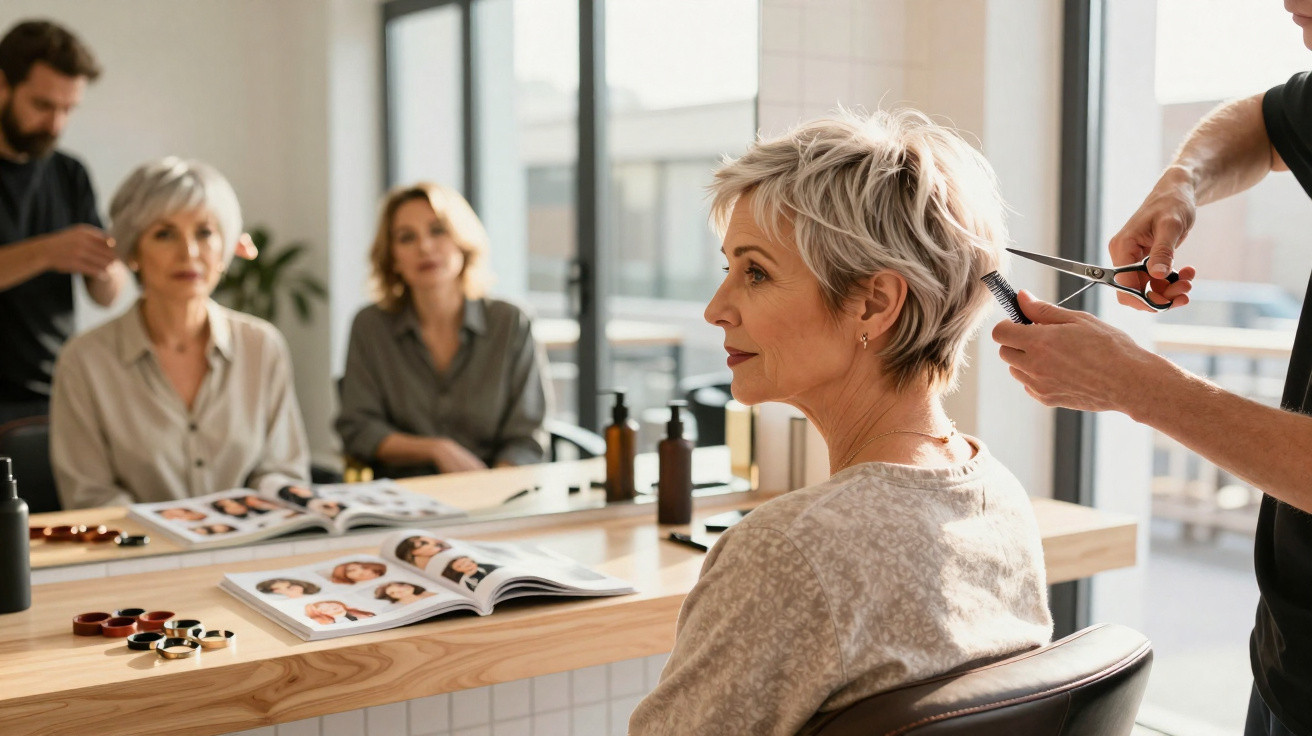 Mulher madura a cortar cabelo num salão, com revistas e espelho à frente, enquanto estilista trabalha.