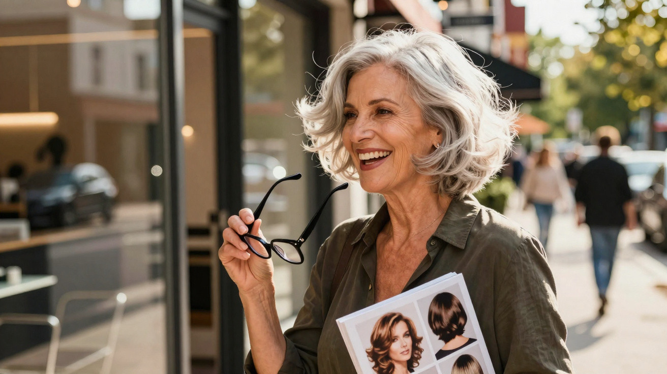 Mulher sorridente com cabelo grisalho, segurando óculos e catálogo de penteados na rua.
