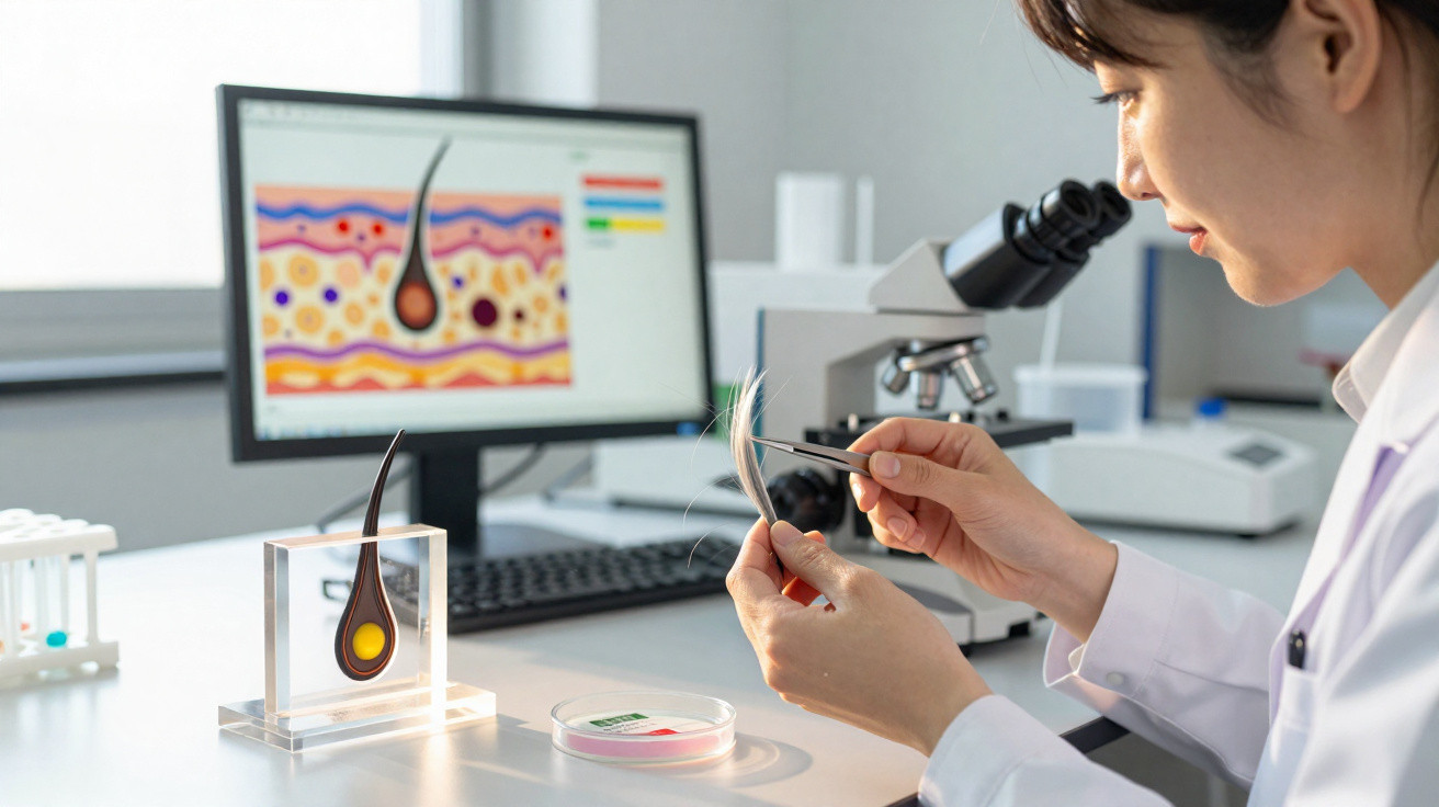 Cientista analisa fio de cabelo com pinça num laboratório com modelo e imagem digital de folículo capilar.