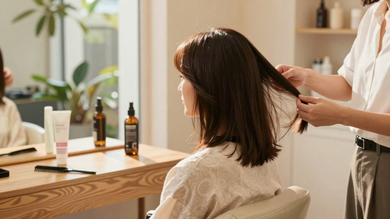Mulher sentada num cabeleireiro enquanto profissional verifica o cabelo castanho liso.