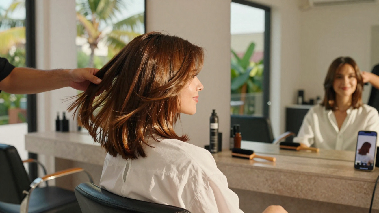 Mulher com cabelo castanho médio sentada num salão de beleza a ser penteada, a olhar para o espelho.