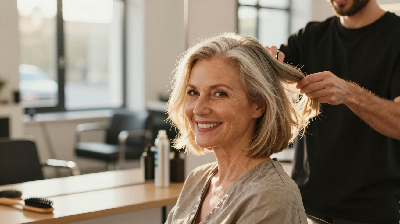 Mulher sorridente de cabelos grisalhos sentada num cabeleireiro enquanto hairstylist penteia o seu cabelo.