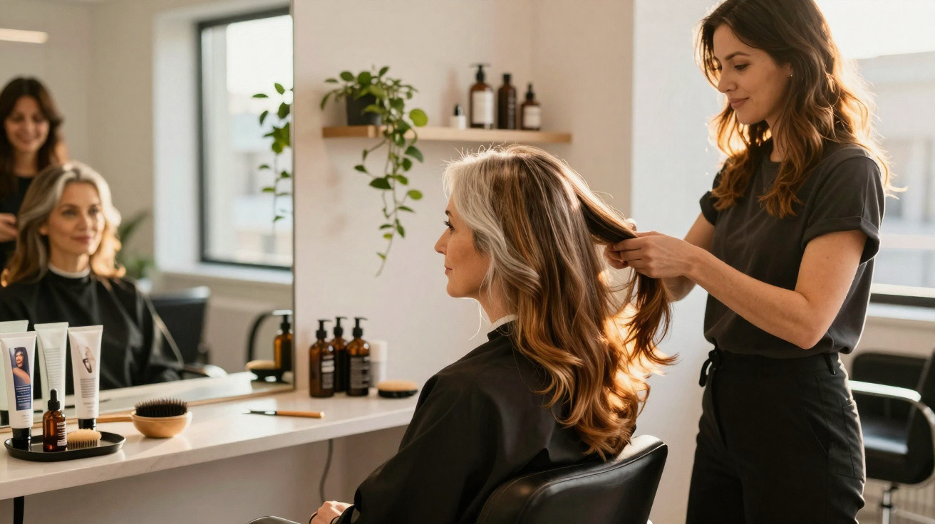 Mulher com capa preta sentada em cadeira, enquanto cabeleireira penteia o cabelo num salão claro e moderno.