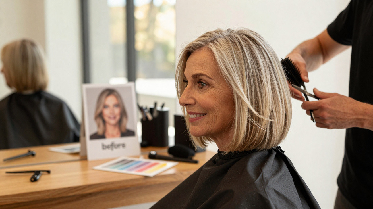 Mulher de meia-idade com cabelo louro num cabeleireiro a receber corte de cabelo.