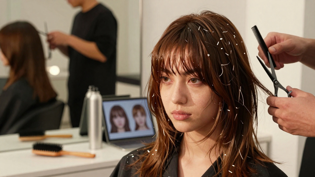Mulher a ser cortada no cabelo num salão, com fios brancos visíveis, e cabeleireiro a segurar tesoura e pente.