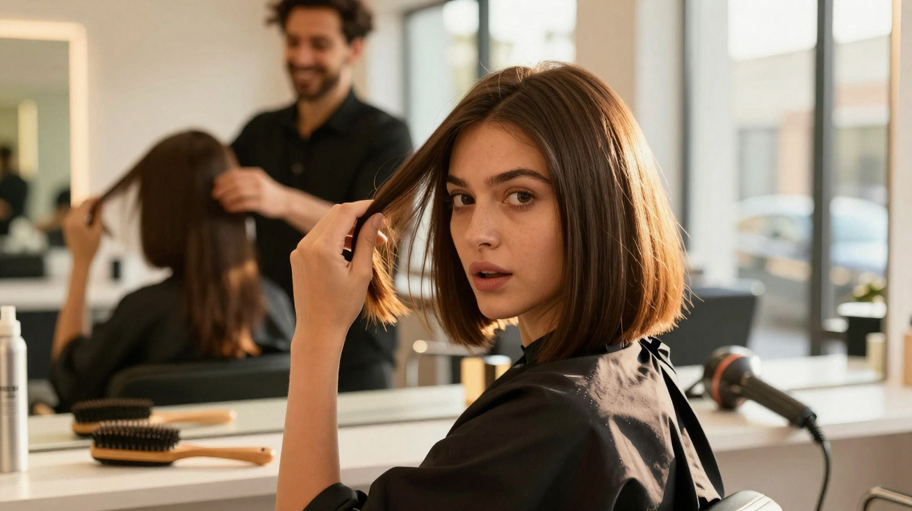 Mulher jovem sentada no cabeleireiro, a tocar o cabelo enquanto o profissional ajusta o seu corte.
