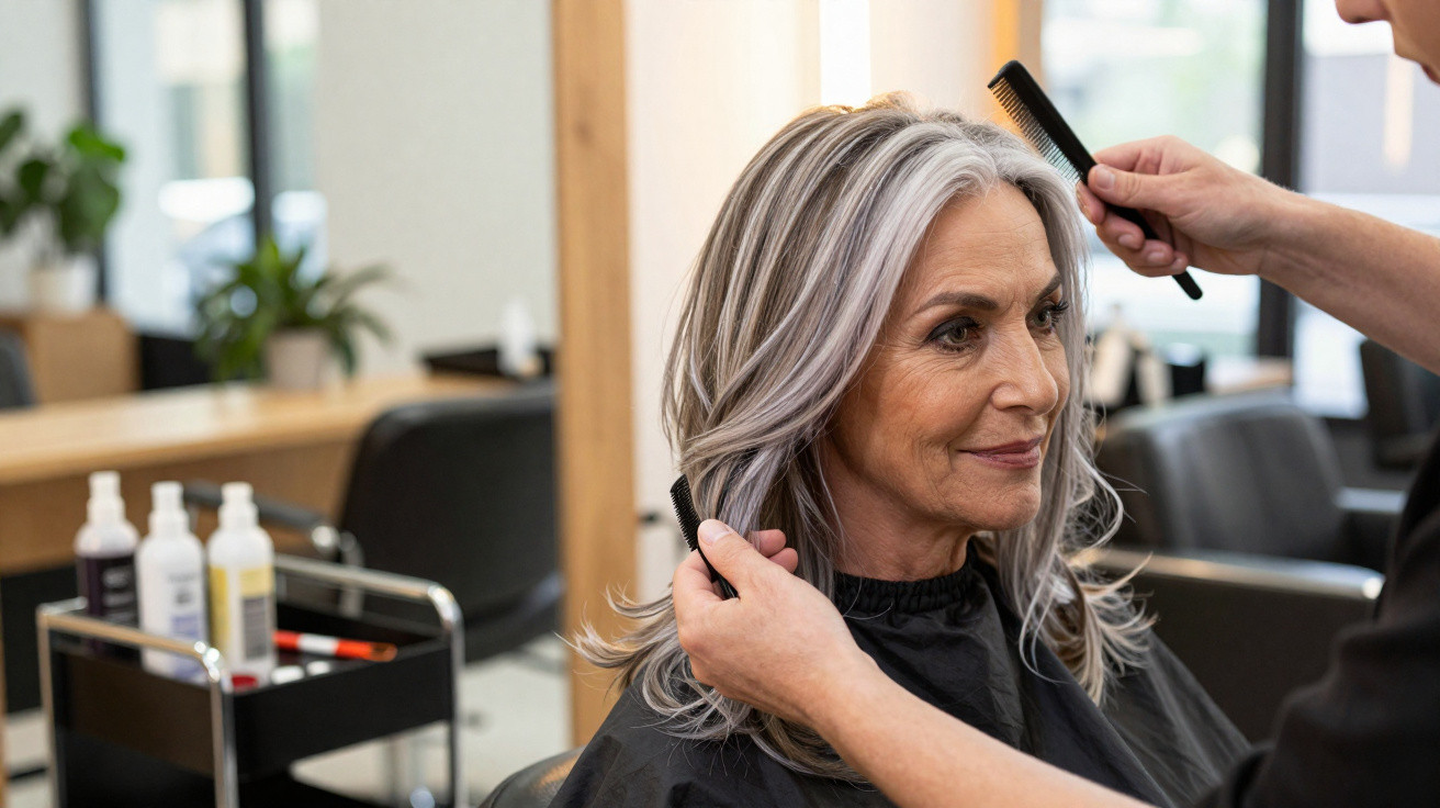 Mulher idosa a sorrir enquanto cabeleireiro penteia o seu cabelo cinzento num salão moderno.