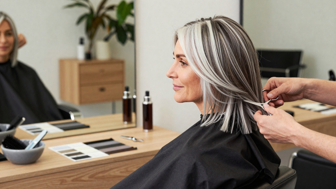 Mulher com cabelo grisalho a ser cortado num salão de cabeleireiro, olhando para o espelho.