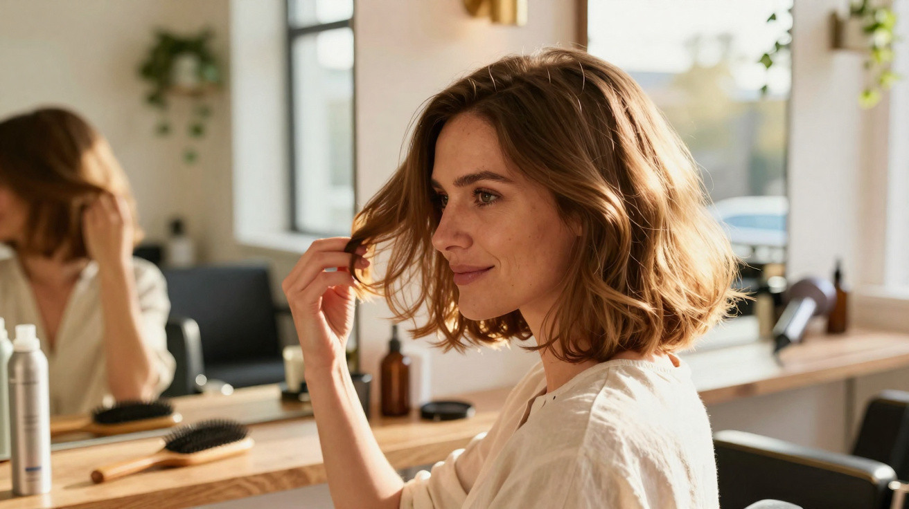 Mulher sorridente a tocar no cabelo num salão de beleza com espelho e produtos ao fundo.