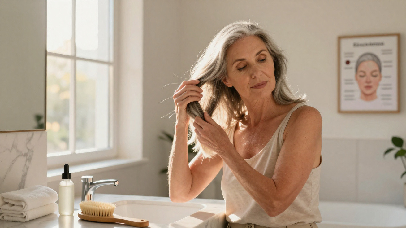 Mulher madura com cabelo grisalho penteia o cabelo num banheiro iluminado pela luz natural da janela.