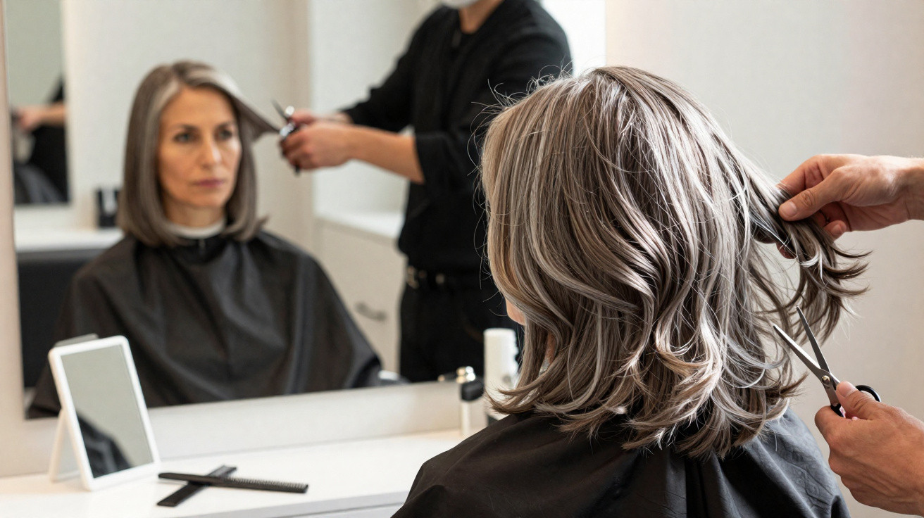 Mulher a cortar cabelo cinzento com tesoura num salão de beleza, refletida no espelho.