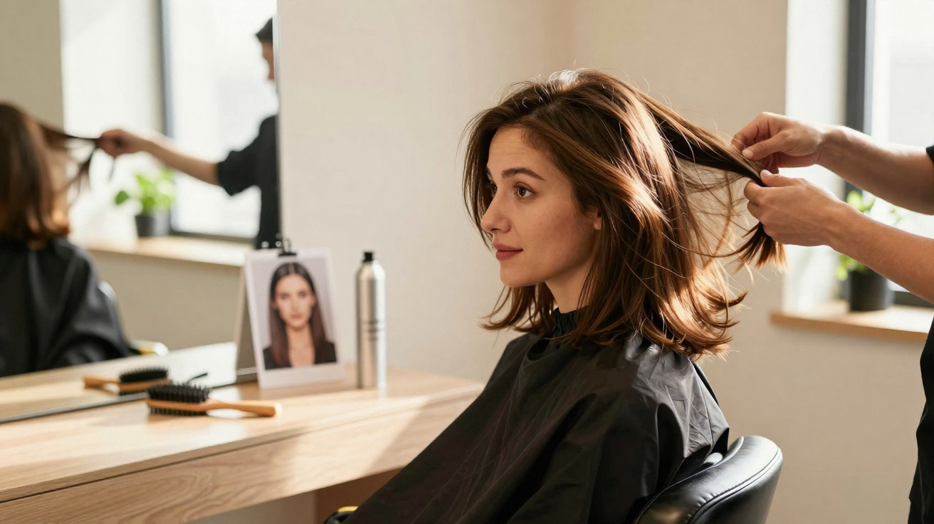 Mulher sentada num salão de cabeleireiro a receber tratamento no cabelo por cabeleireiro.