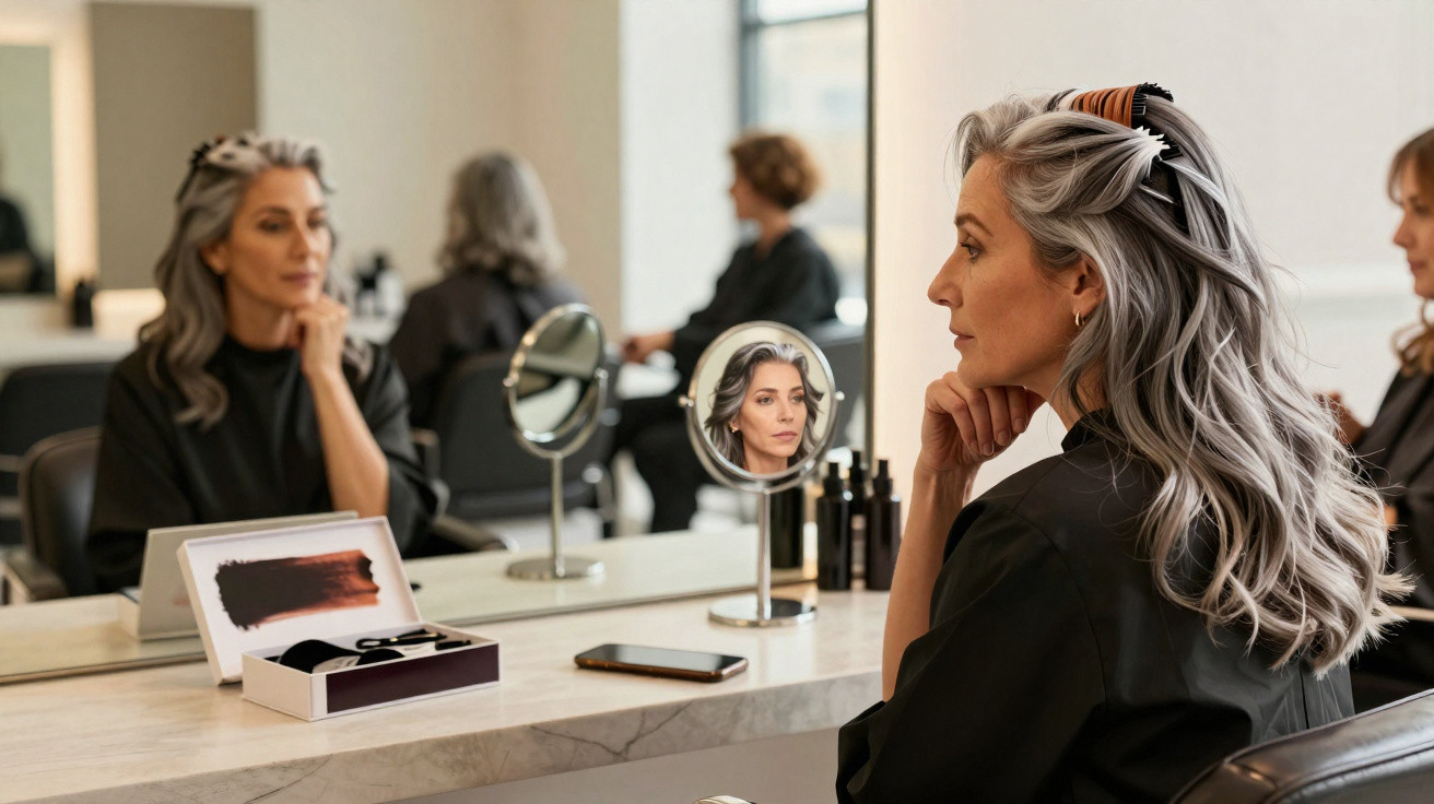 Mulher com cabelo grisalho sentado em salão de beleza, olhando para o espelho com expressão pensativa.
