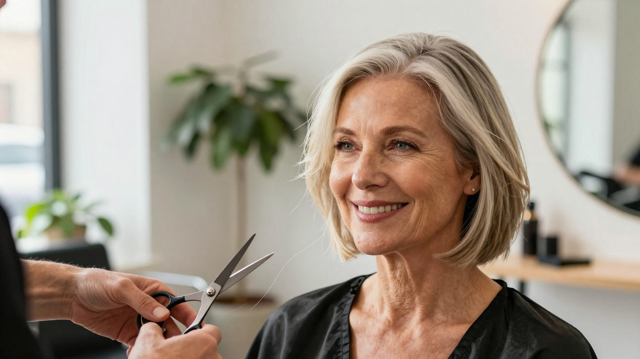 Mulher sorridente com cabelo curto e cinza sentada num cabeleireiro prestes a receber um corte de cabelo.