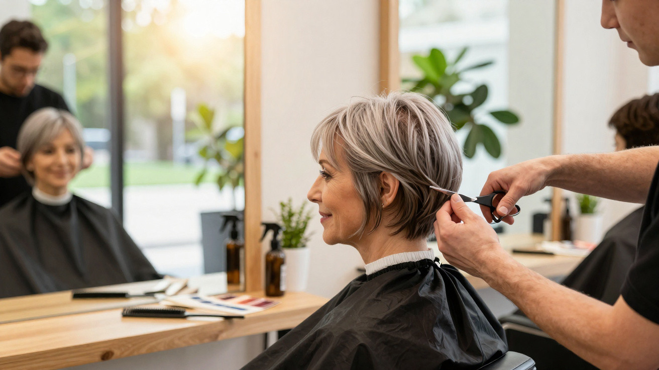 Mulher de cabelo curto a ser cortada por cabeleireiro num salão de beleza moderno.