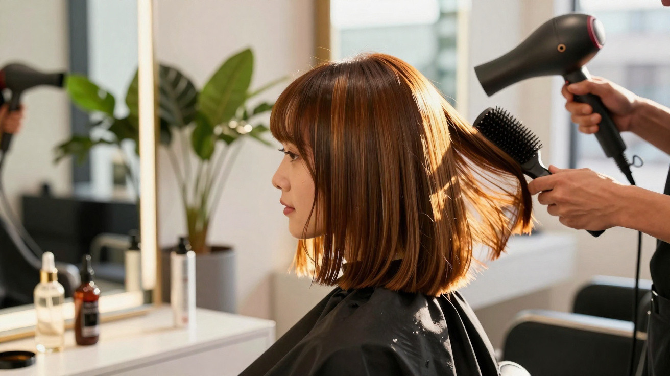 Mulher com cabelo castanho curto a ser secado por profissional num salão de cabeleireiro moderno.