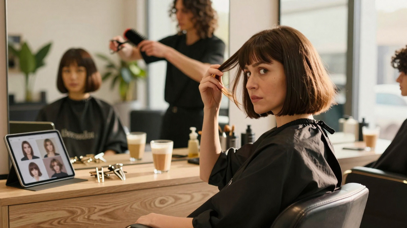 Mulher com capa preta no salão de beleza vendo cortes de cabelo numa tablet enquanto toca o cabelo.