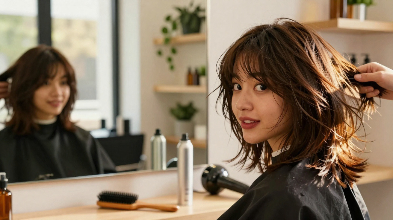 Mulher com cabelo molhado sentada numa cadeira de cabeleireiro, olhando para o espelho e sorrindo.