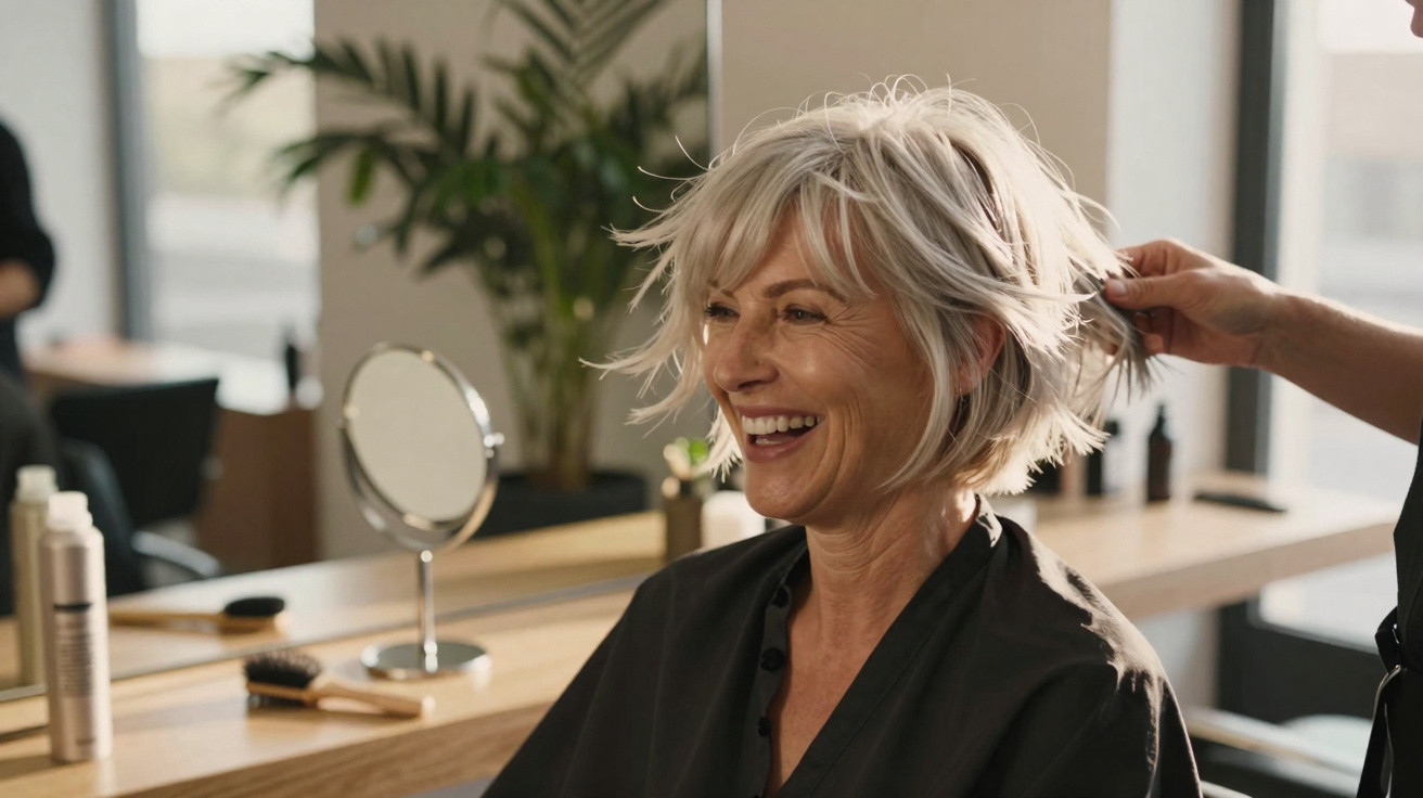 Mulher madura sorridente a receber penteado curto num salão de cabeleireiro moderno e iluminado.