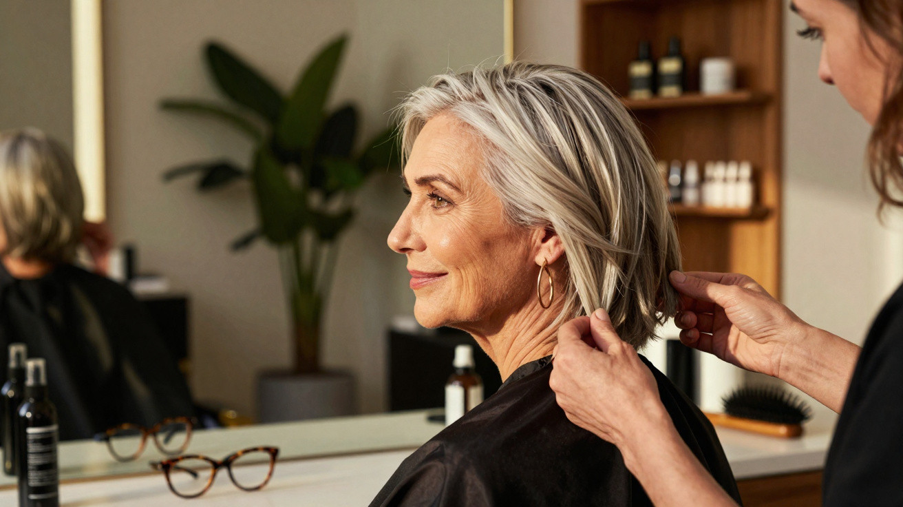 Mulher idosa com cabelo branco curto a ser penteada por cabeleireira num salão de beleza.