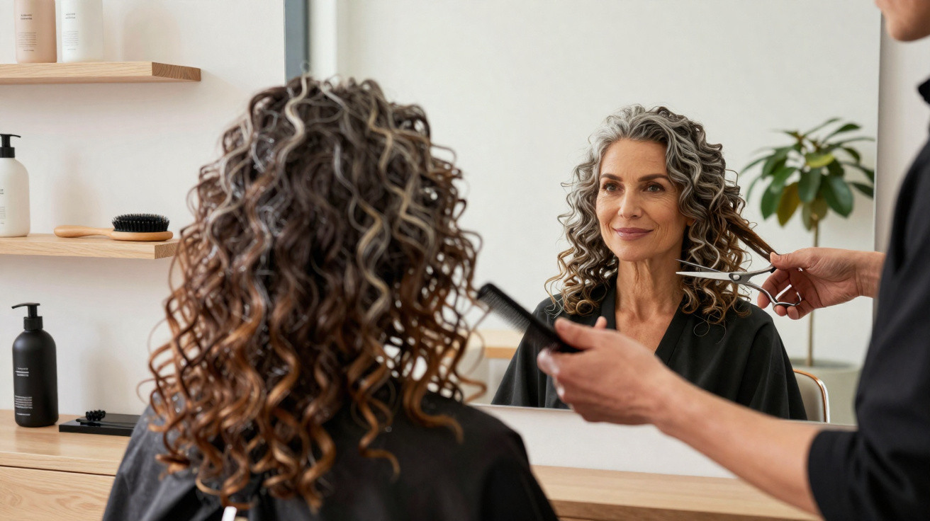 Mulher sorridente com cabelo encaracolado a ser penteada por cabeleireiro num salão moderno.
