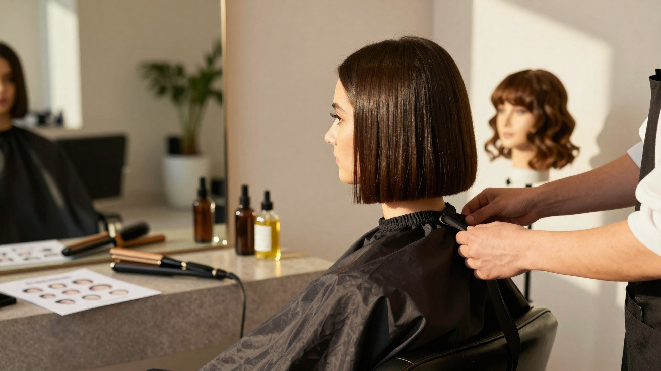 Mulher com cabelo curto assenta capa enquanto cabeleireiro a prepara para corte no salão.