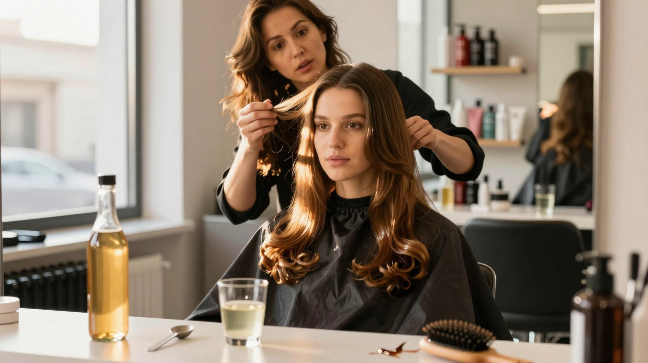 Cabeleireira a arranjar o cabelo de jovem mulher num salão moderno com produtos e espelhos ao fundo.