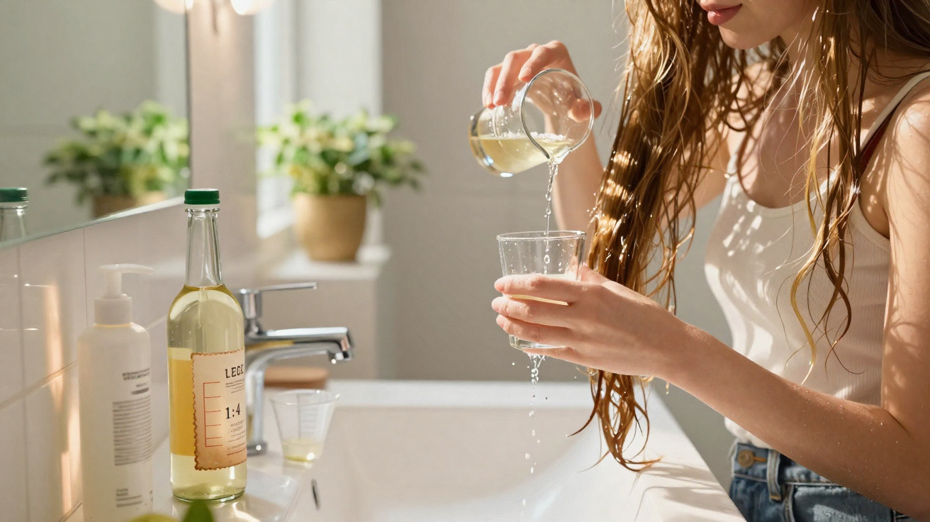 Mulher a verter líquido de um copo para outro junto a uma pia, com garrafa e produtos na bancada.
