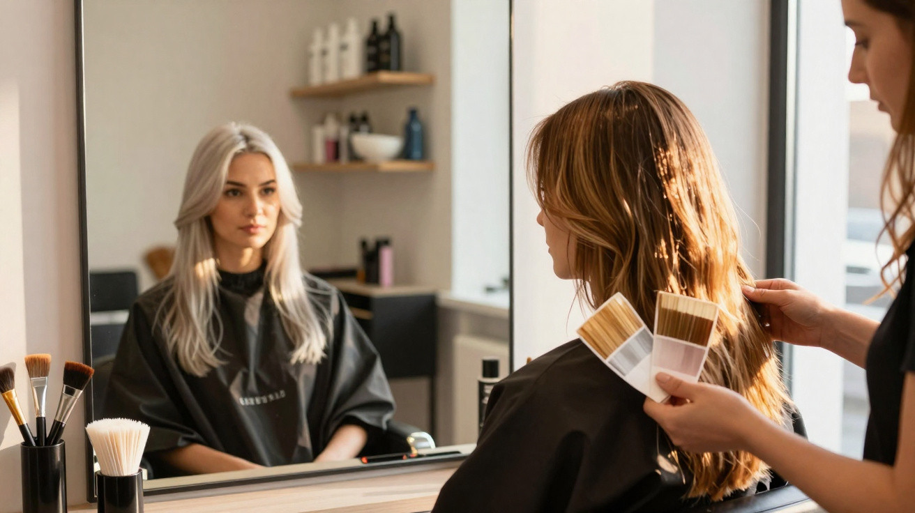 Cliente sentada a receber avaliação de cor de cabelo por cabeleireira num salão moderno e iluminado.