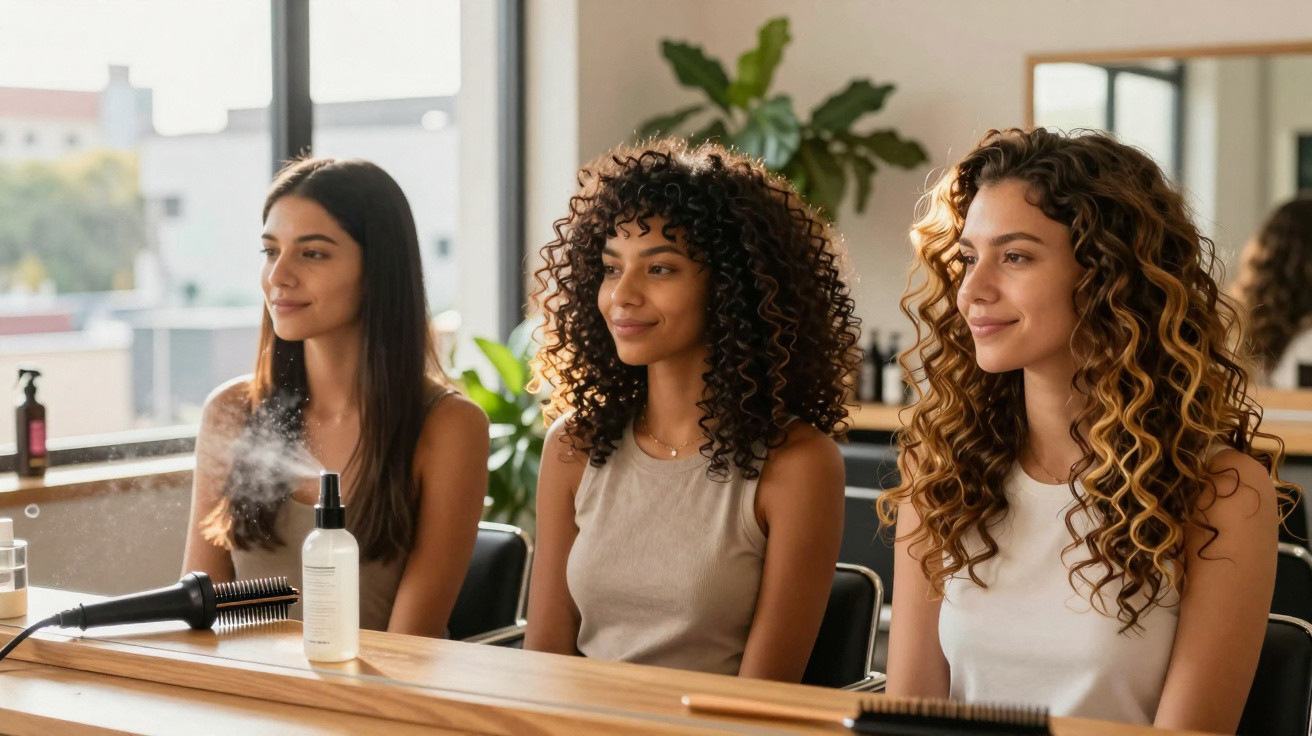 Três mulheres com cabelos ondulados e encaracolados sentadas num salão de beleza com produtos e ferramentas na bancada.